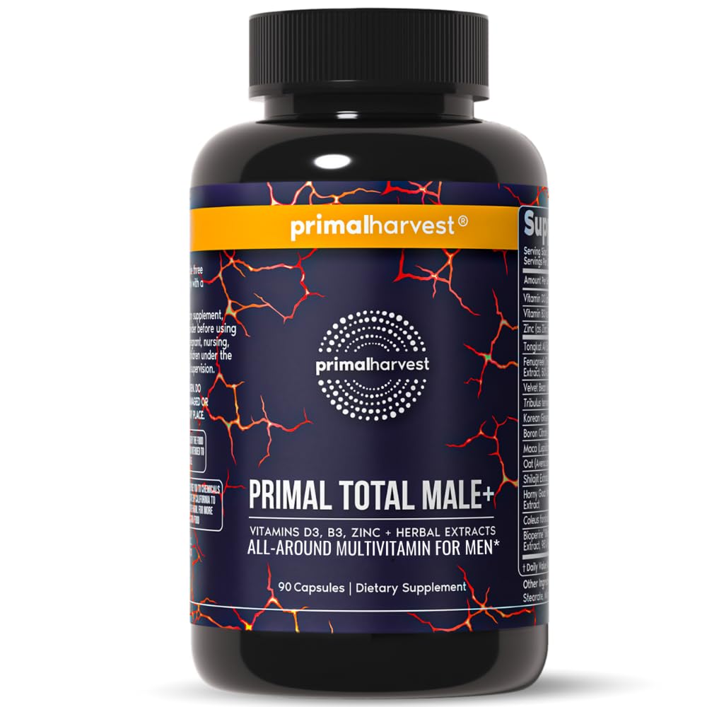 Primal Harvest Total Male+ bottle front showing capsules for daily vitality and wellness.