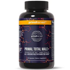 Primal Harvest Total Male+ bottle front showing capsules for daily vitality and wellness.