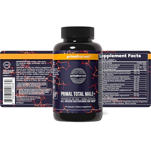 Close-up of nutrition label on Primal Harvest Total Male+ Multivitamin