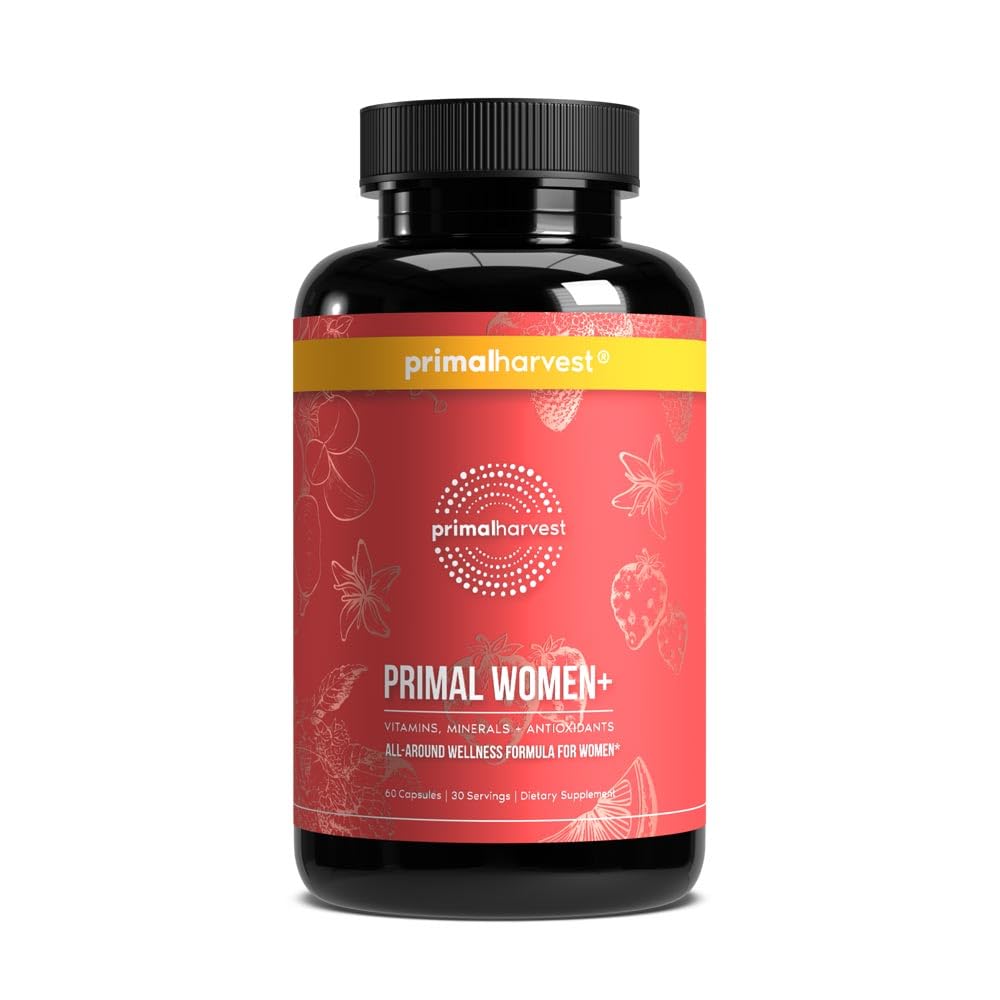 Primal Harvest Women+ bottle front showing daily wellness for active women.