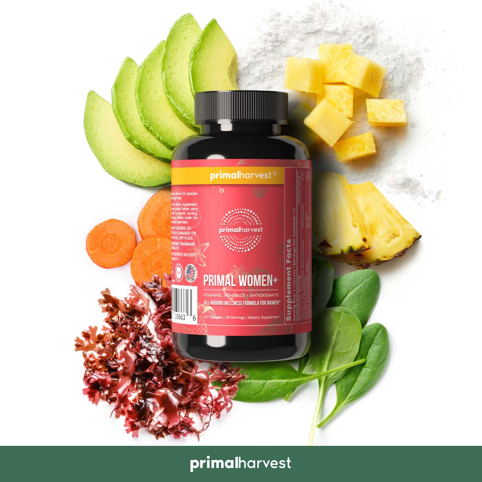 Two-capsule daily dosage setup for Primal Harvest Women+.