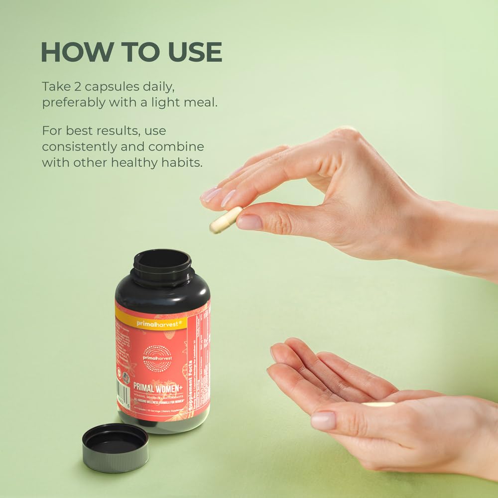 Primal Harvest Women's Multivitamin capsules emphasize mood and focus support