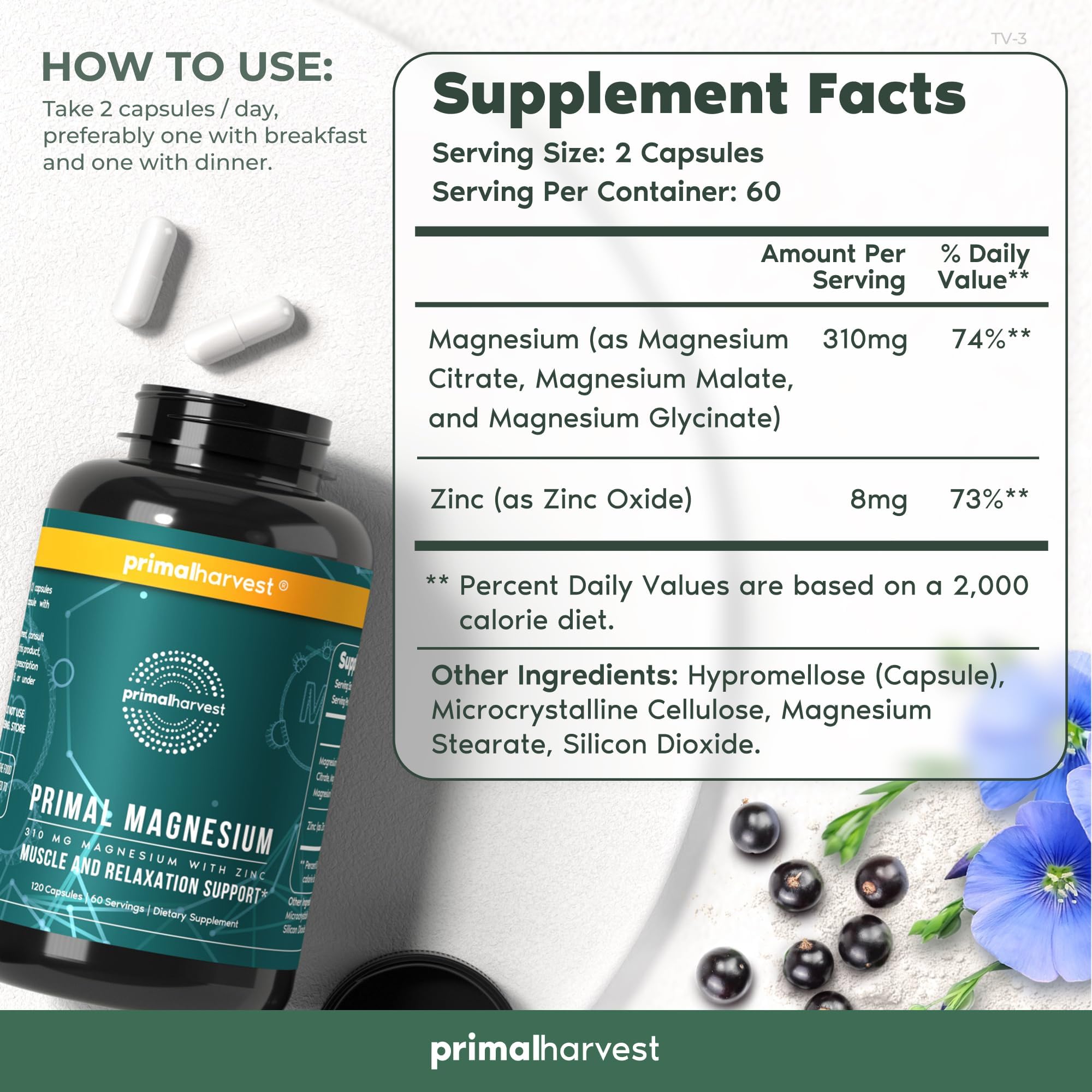 Bottle label highlights 25mg zinc per capsule for immune support with magnesium.