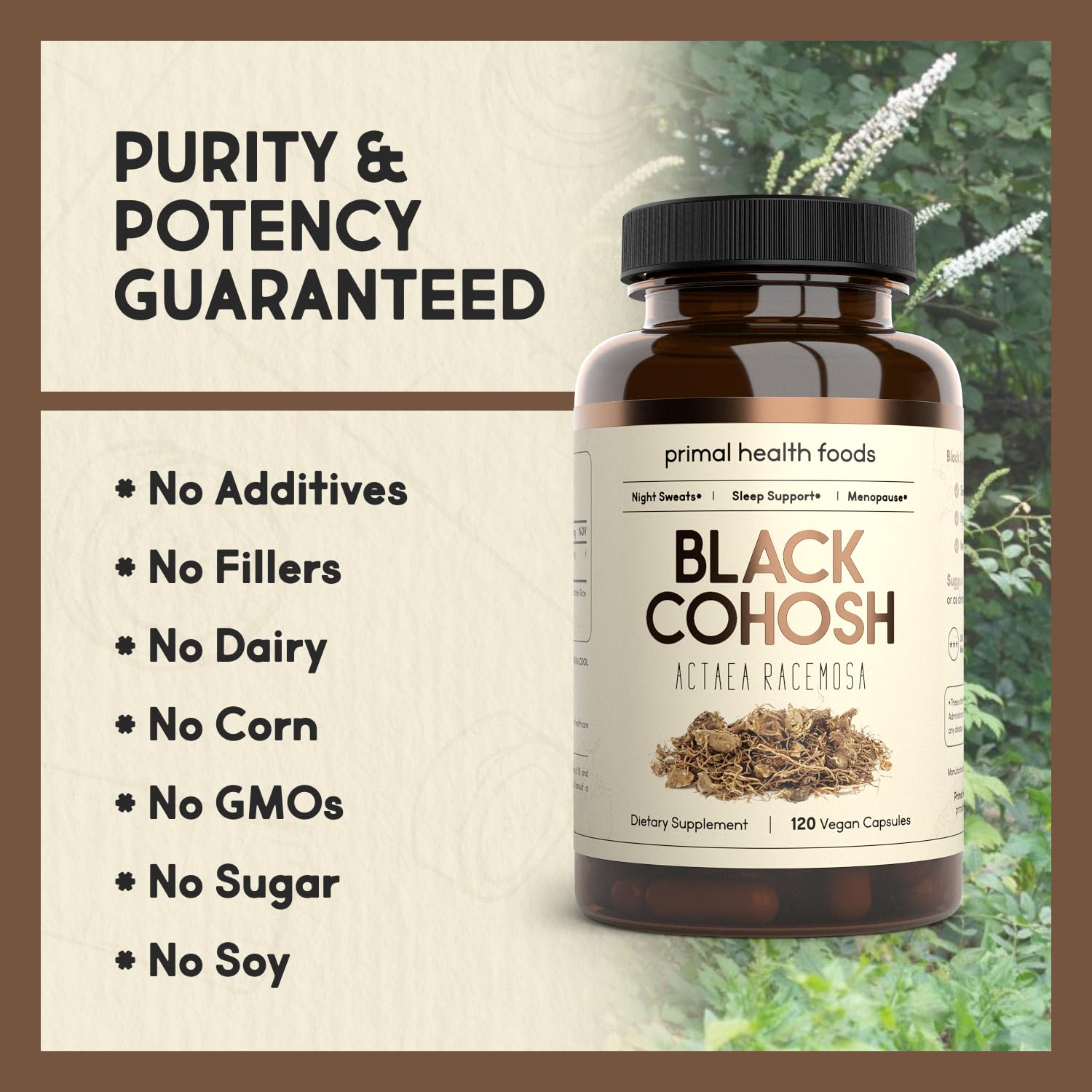Close-up of ground black cohosh root and capsules