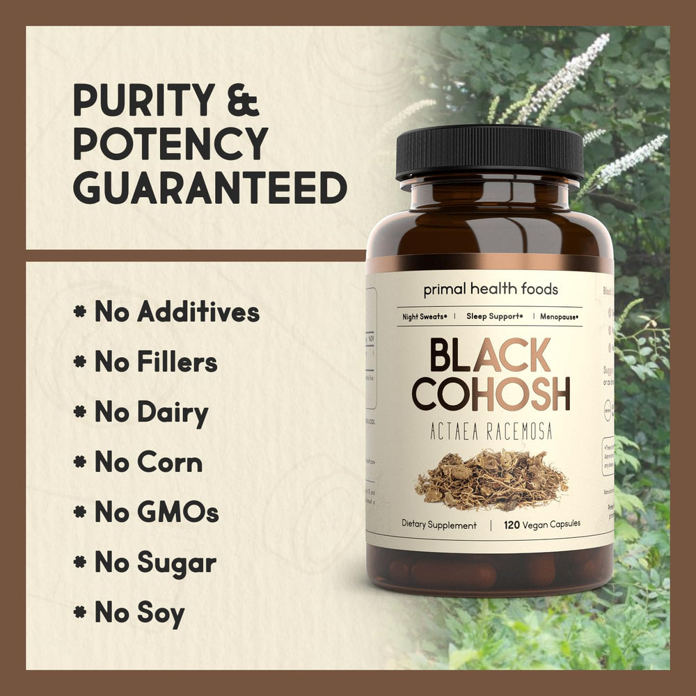 Close-up of ground black cohosh root and capsules