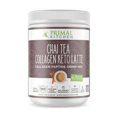 Primal Kitchen Chai Tea Collagen Keto Latte Powder container with scoop