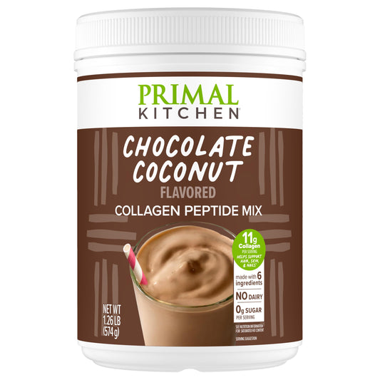 Front view of Primal Kitchen Chocolate Collagen Fuel Drink Mix 20 oz packaging