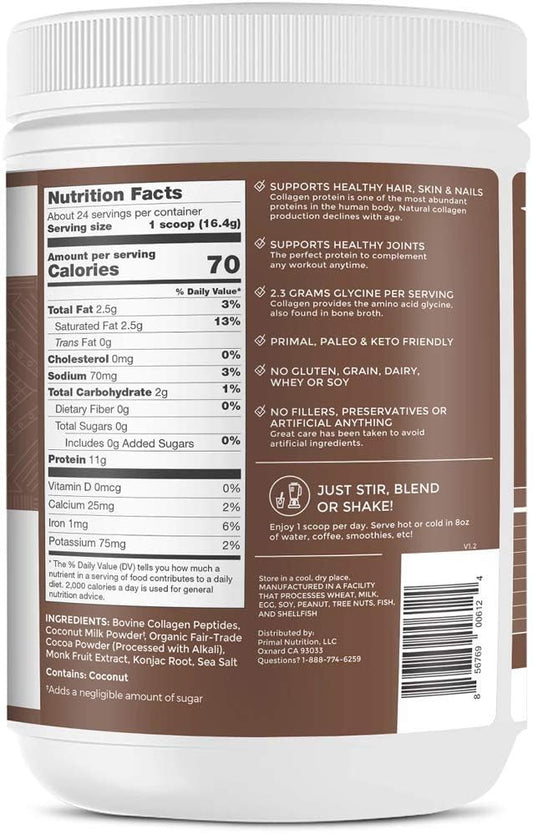 Primal Kitchen Collagen Peptide Drink Mix Chocolate Coconut 13.9 oz tub with label close-up