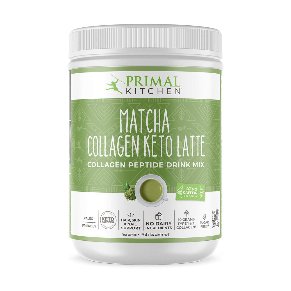 Canister of Primal Kitchen Matcha Collagen Keto Latte Powder