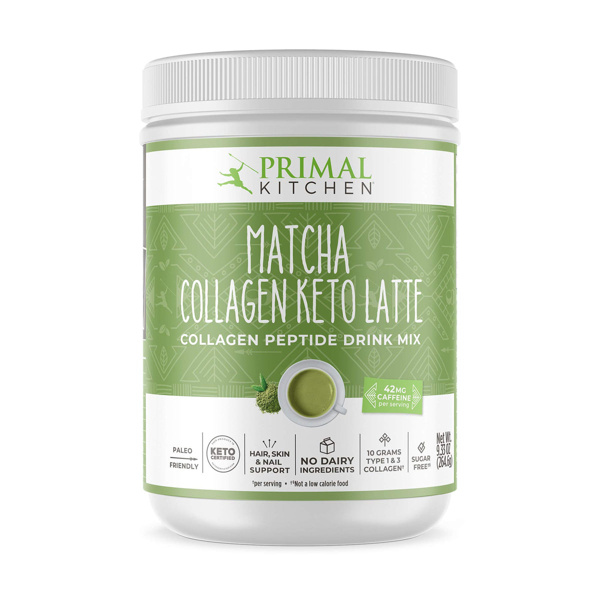 Canister of Primal Kitchen Matcha Collagen Keto Latte Powder
