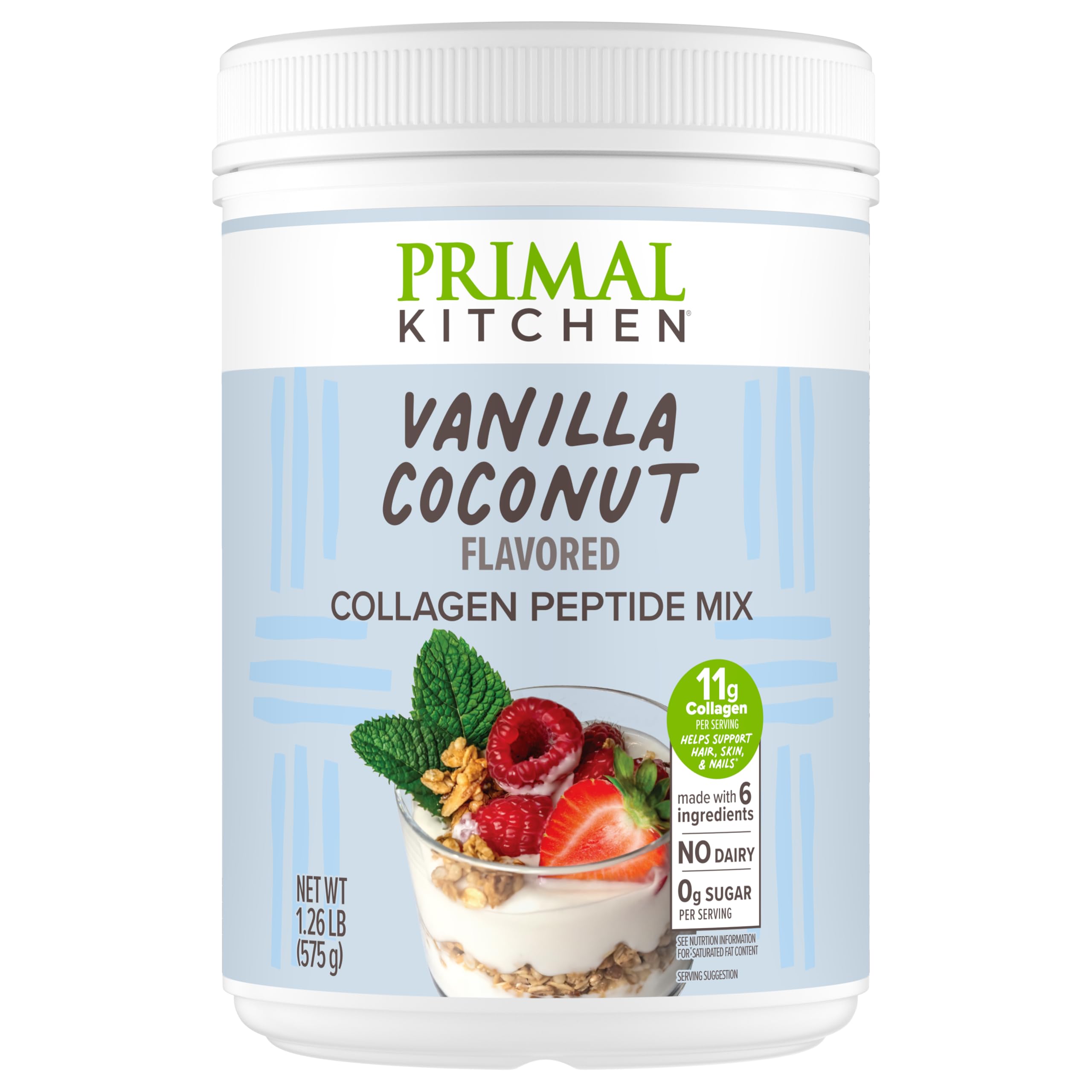 Front view of Primal Kitchen Vanilla Coconut Collagen Fuel 20 oz jar