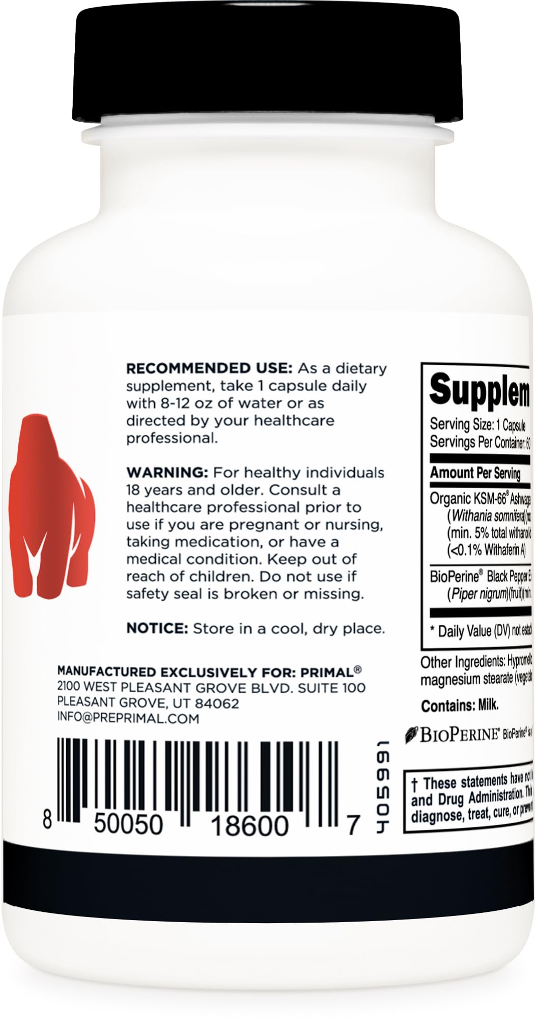 Gluten-free and non-GMO labeling on Primal Ashwagandha packaging