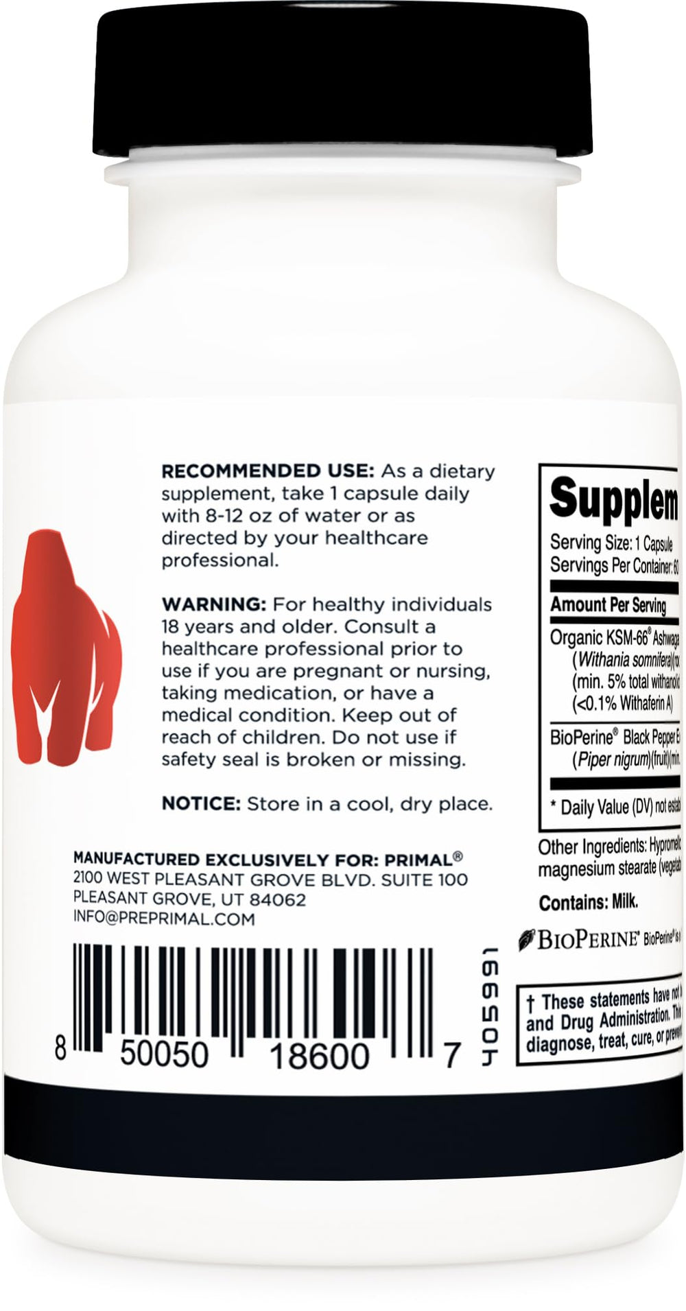 Gluten-free and non-GMO labeling on Primal Ashwagandha packaging