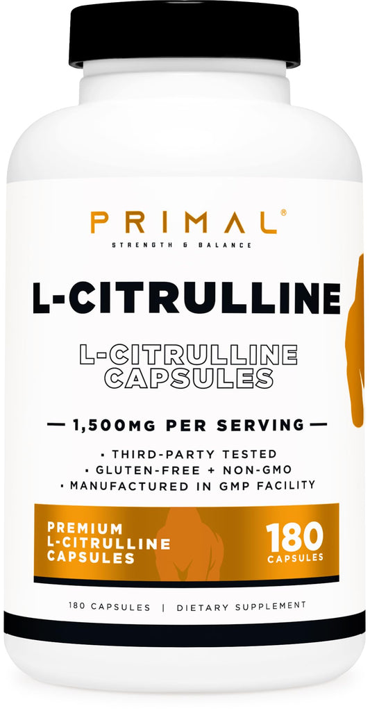 Primal L-Citrulline capsules bottle showing 180-count with 1,500 mg per serving