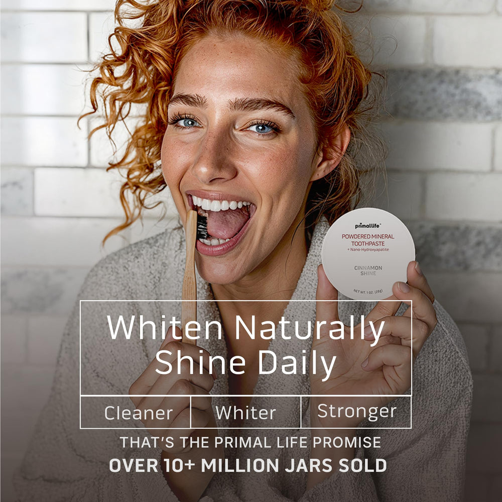 Front packaging for Primal Life Organics Dirty Mouth Toothpowder Cinnamon