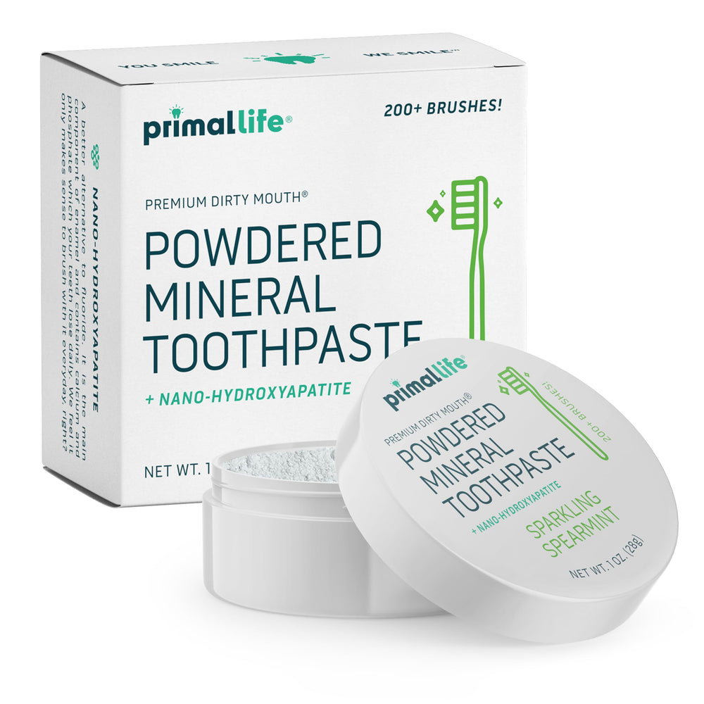 Spearmint-flavored Dirty Mouth Toothpowder in a 1 oz jar