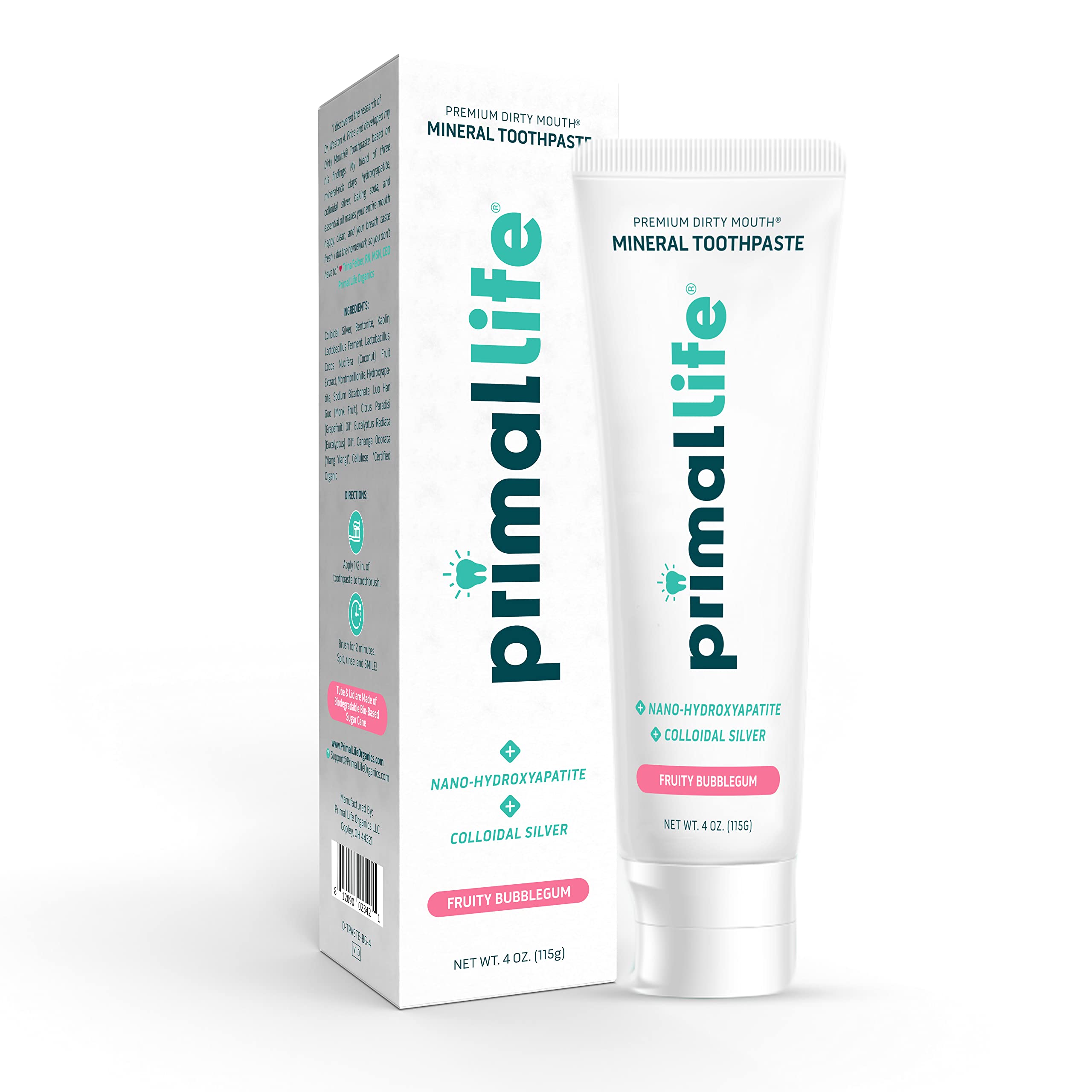 Front view of Primal Life Organics Dirty Mouth toothpaste in bubblegum flavor 4oz