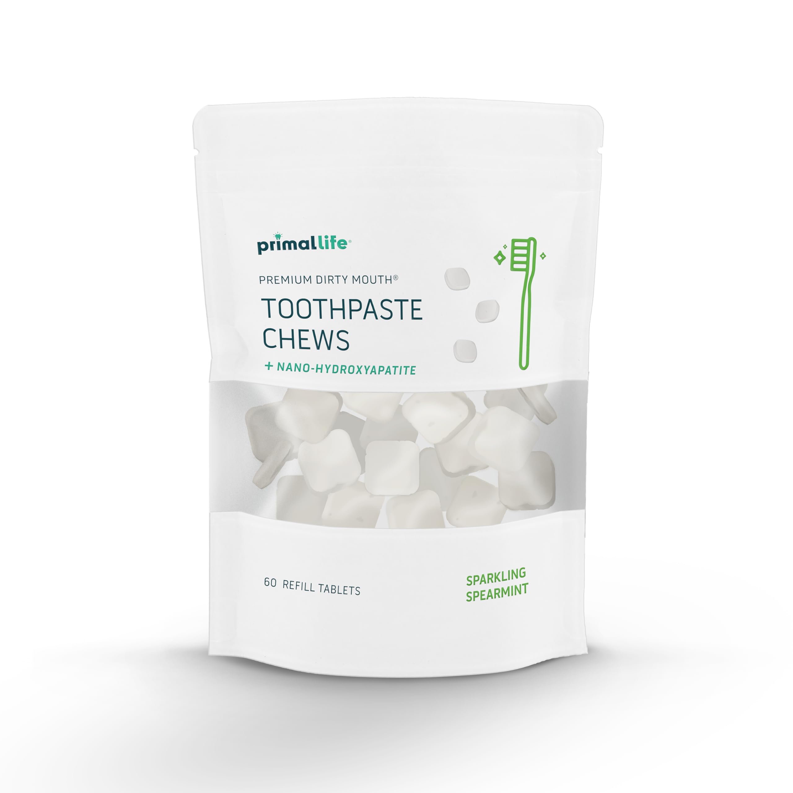 Packaging image of Primal Life Organics Dirty Mouth Toothpaste Chews – 60-count bag