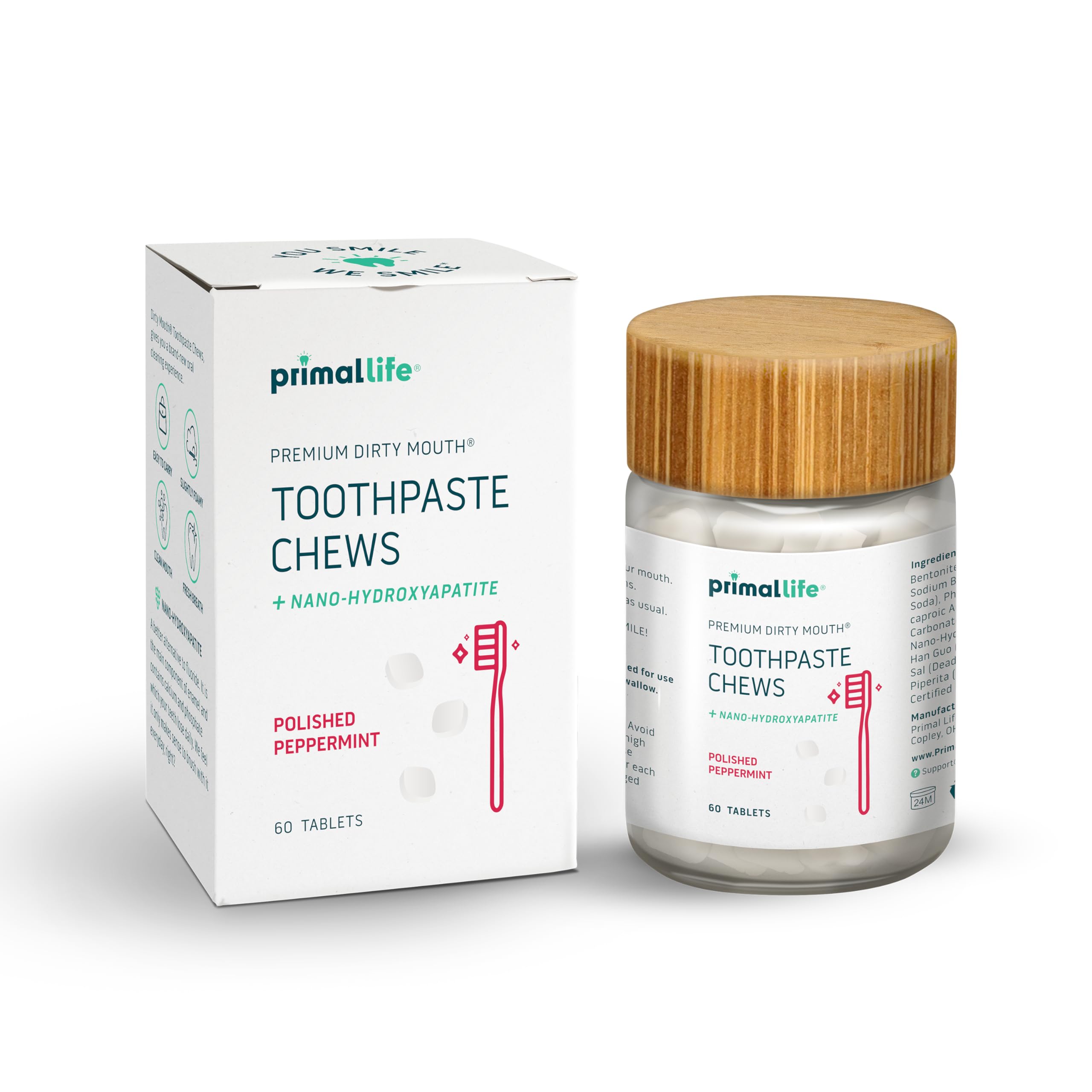 Polished Peppermint Dirty Mouth toothpaste chews in 60-count jar – front view