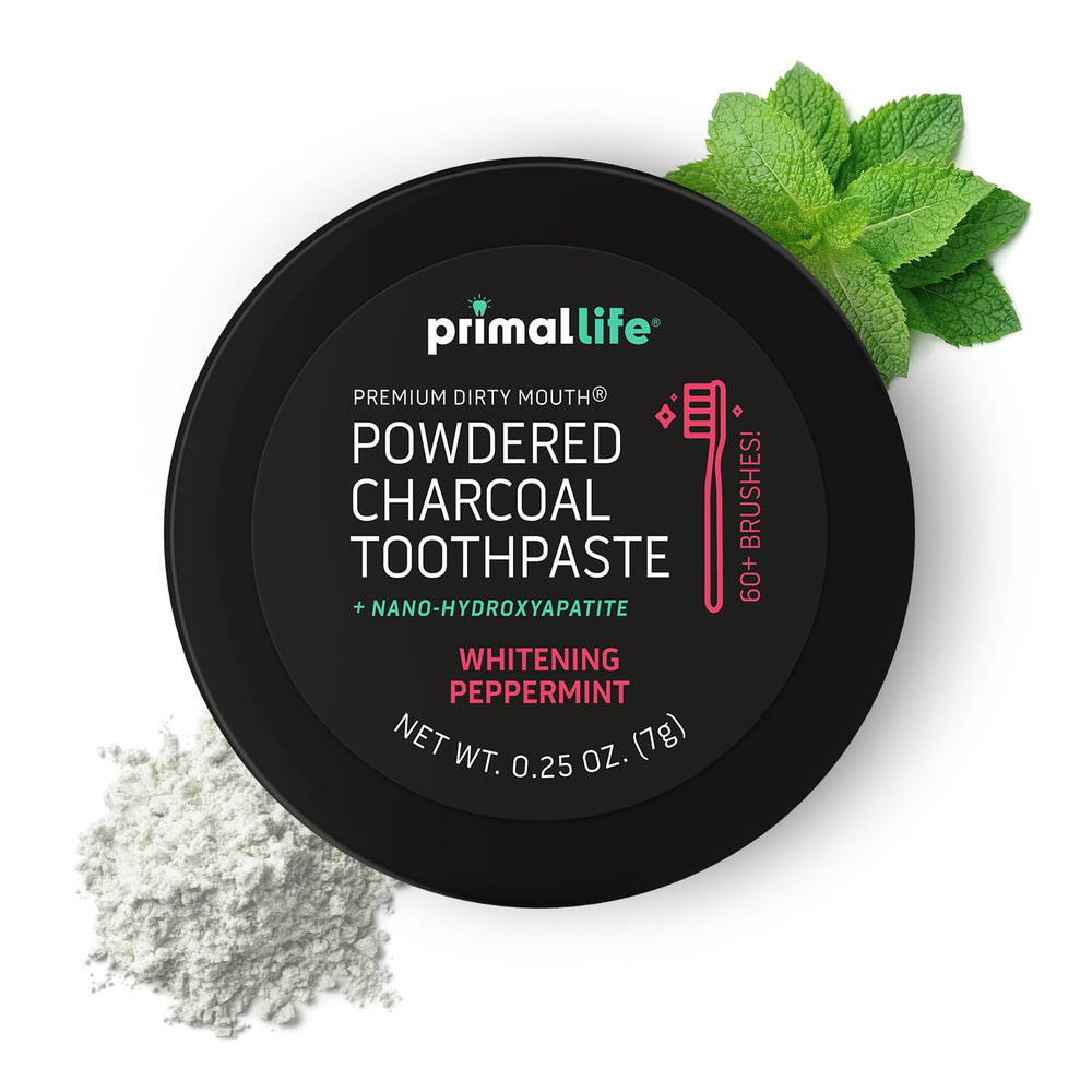 Dirty Mouth Toothpowder jar with black peppermint label