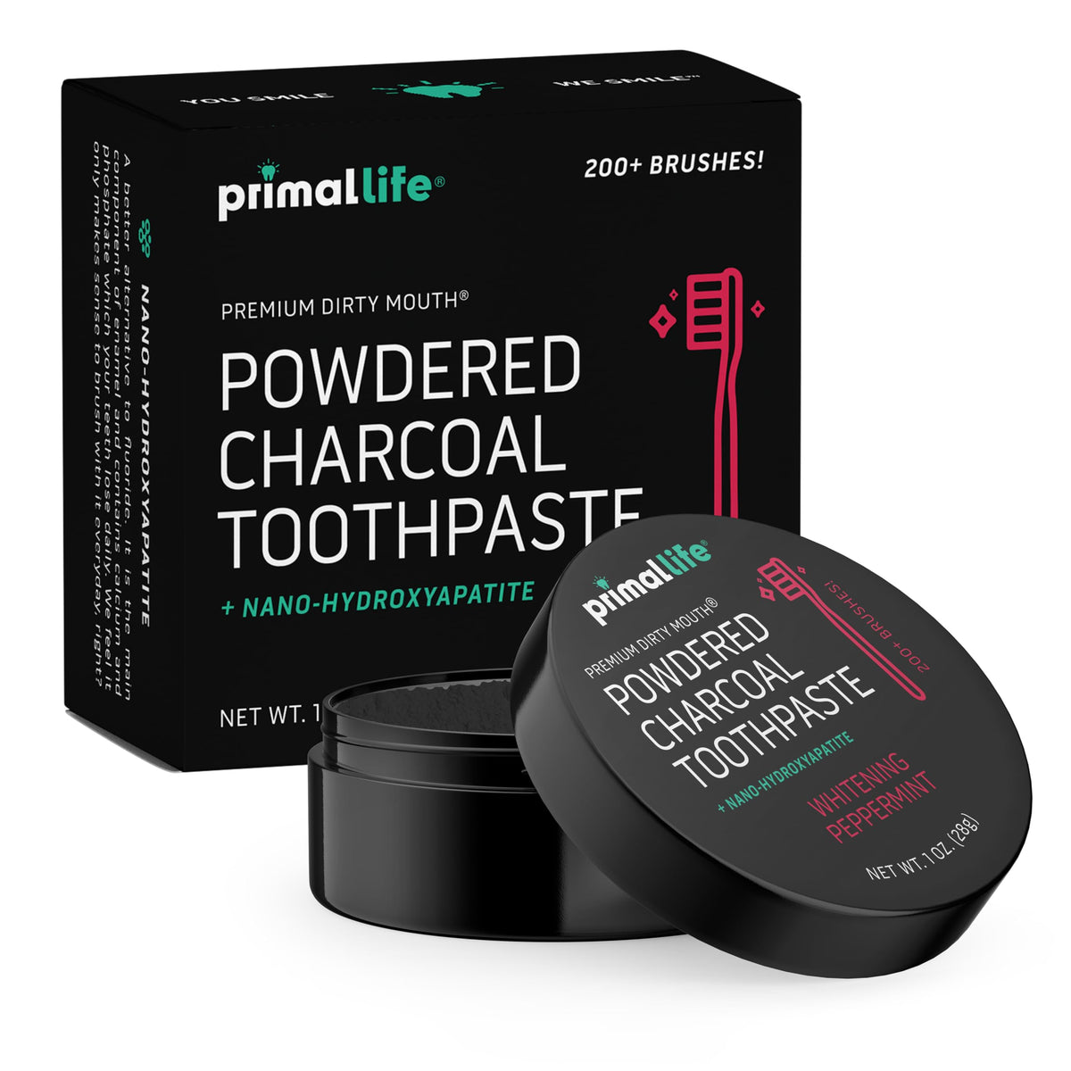Jar of Dirty Mouth Toothpowder with Black Peppermint label
