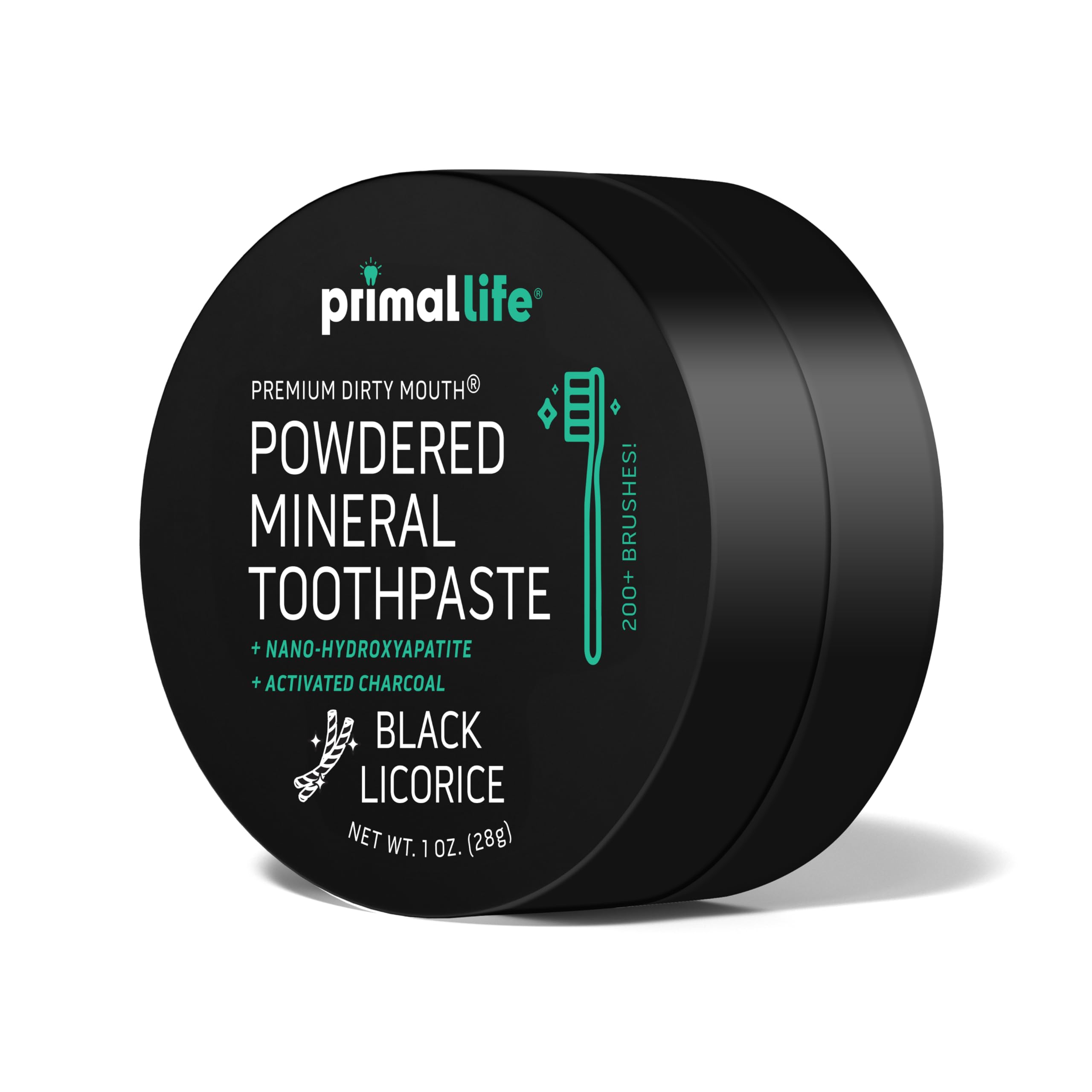 Toothpowder on toothbrush with Charcoal Black Licorice flavor