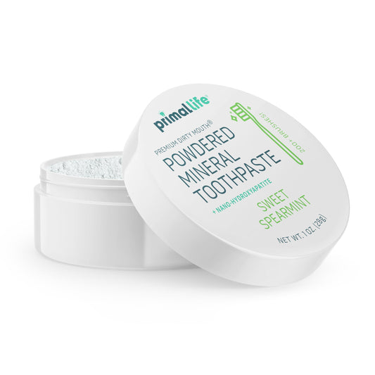 Front view of Primal Life Organics Dirty Mouth Toothpowder Sweet Spearmint 1 oz