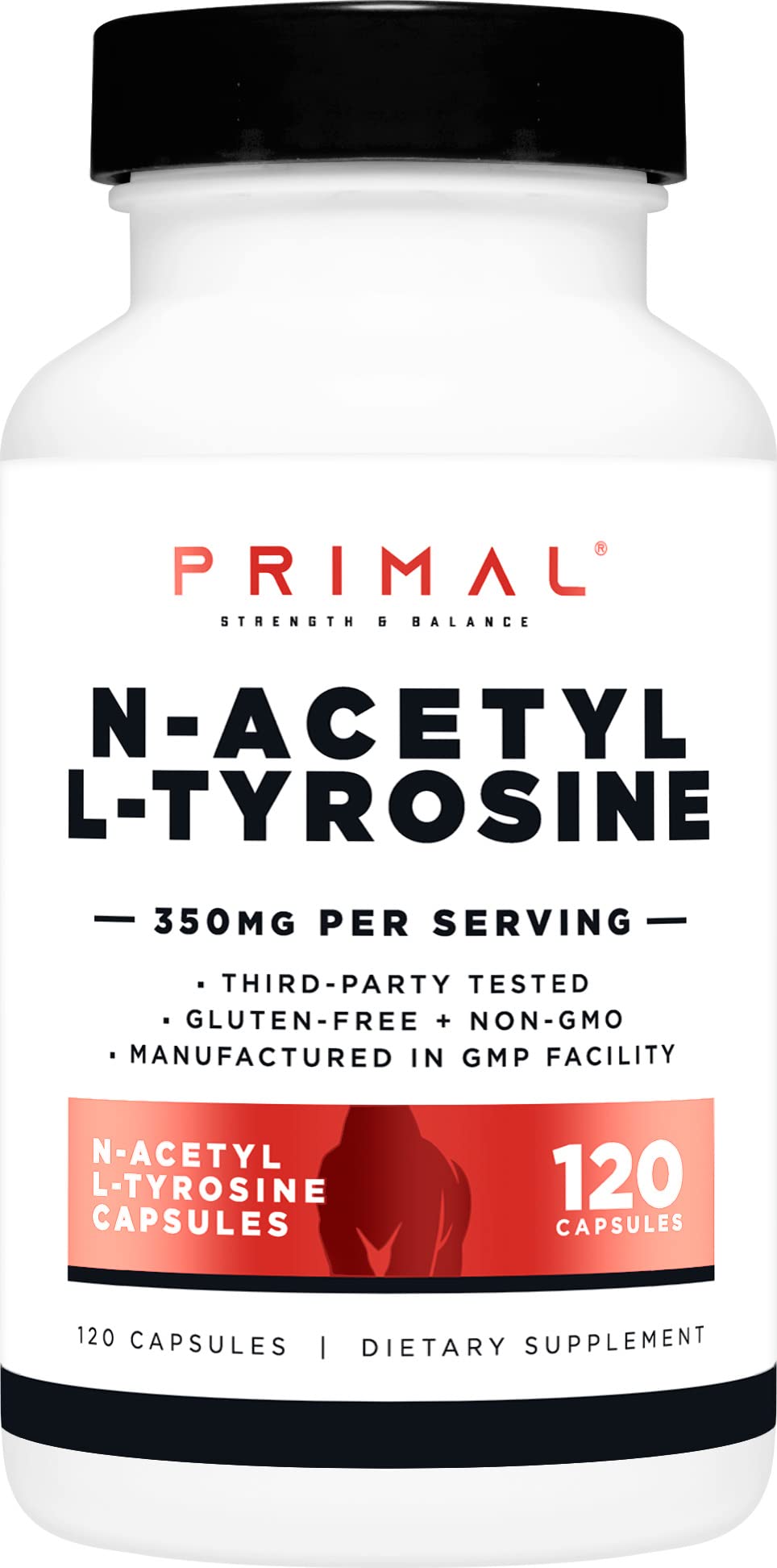 Front view of Primal N-Acetyl L-Tyrosine capsules bottle