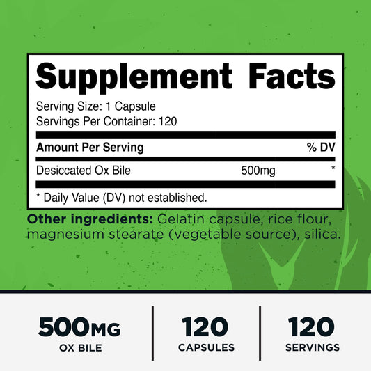 Ox Bile capsules close-up showing 500 mg per serving
