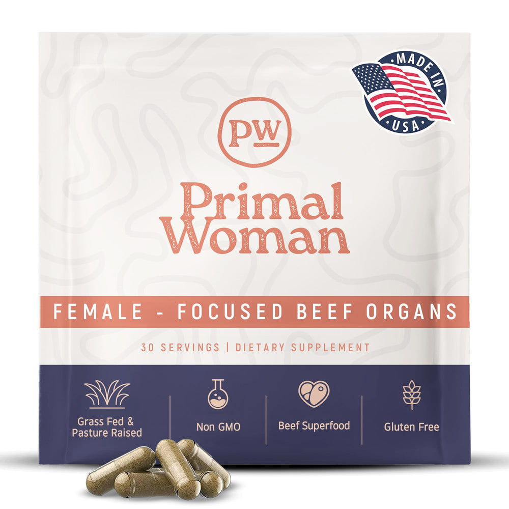Primal Woman beef organ capsules bottle on countertop for daily wellness support
