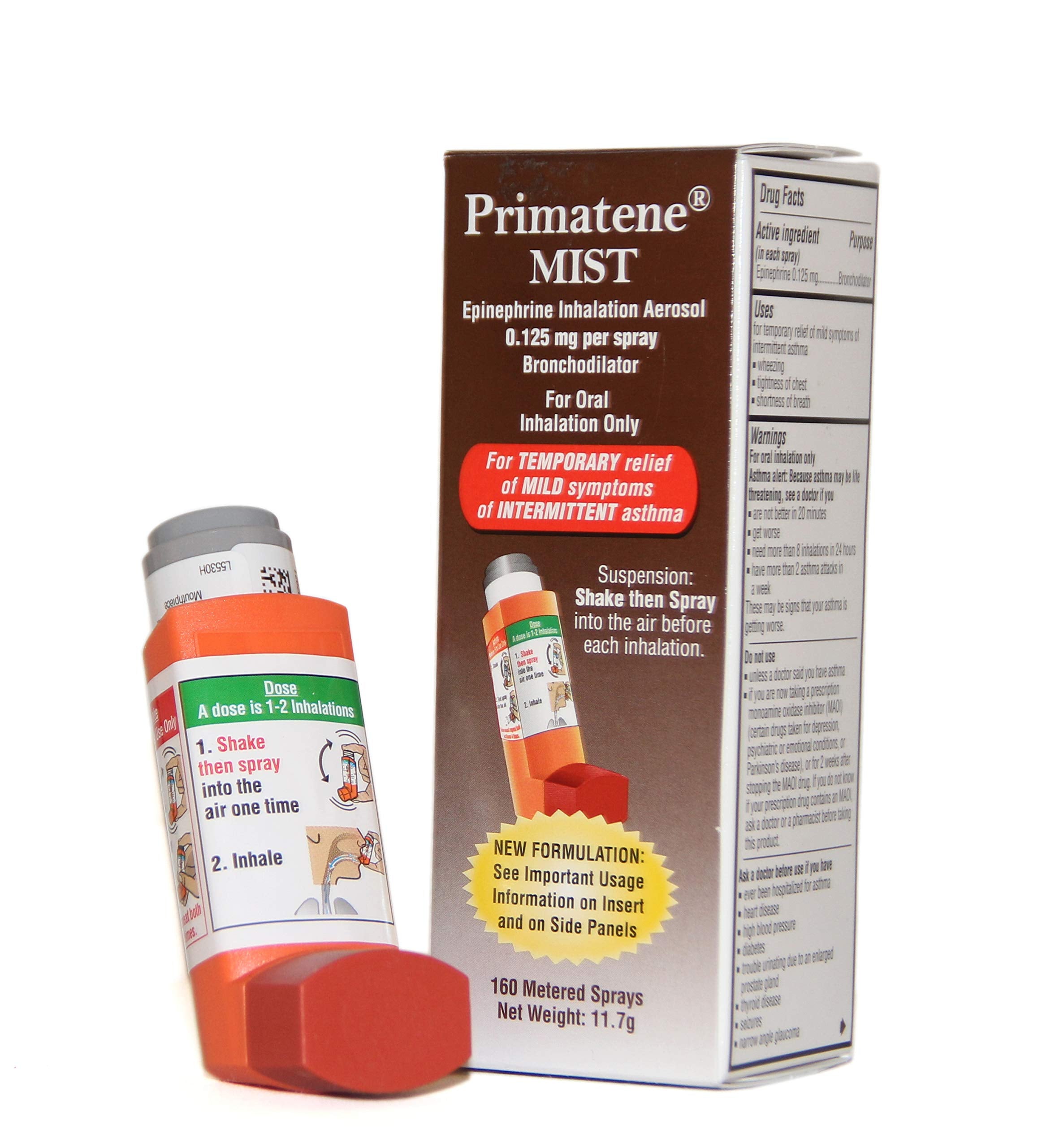 Primatene Mist inhaler closed, portable for quick mild symptom relief.