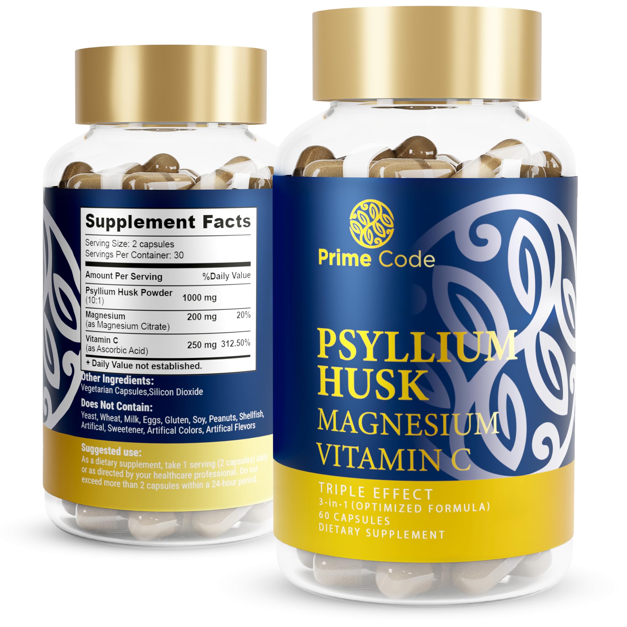 Bottle of Prime Code Psyllium Husk Capsules with 1000mg per capsule