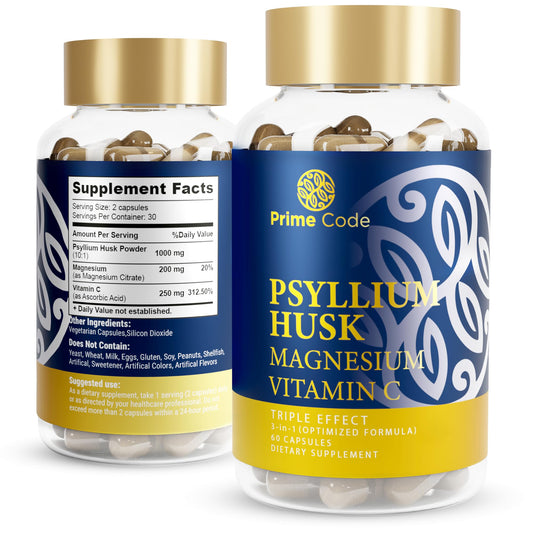 Bottle of Prime Code Psyllium Husk Capsules with 1000mg per capsule
