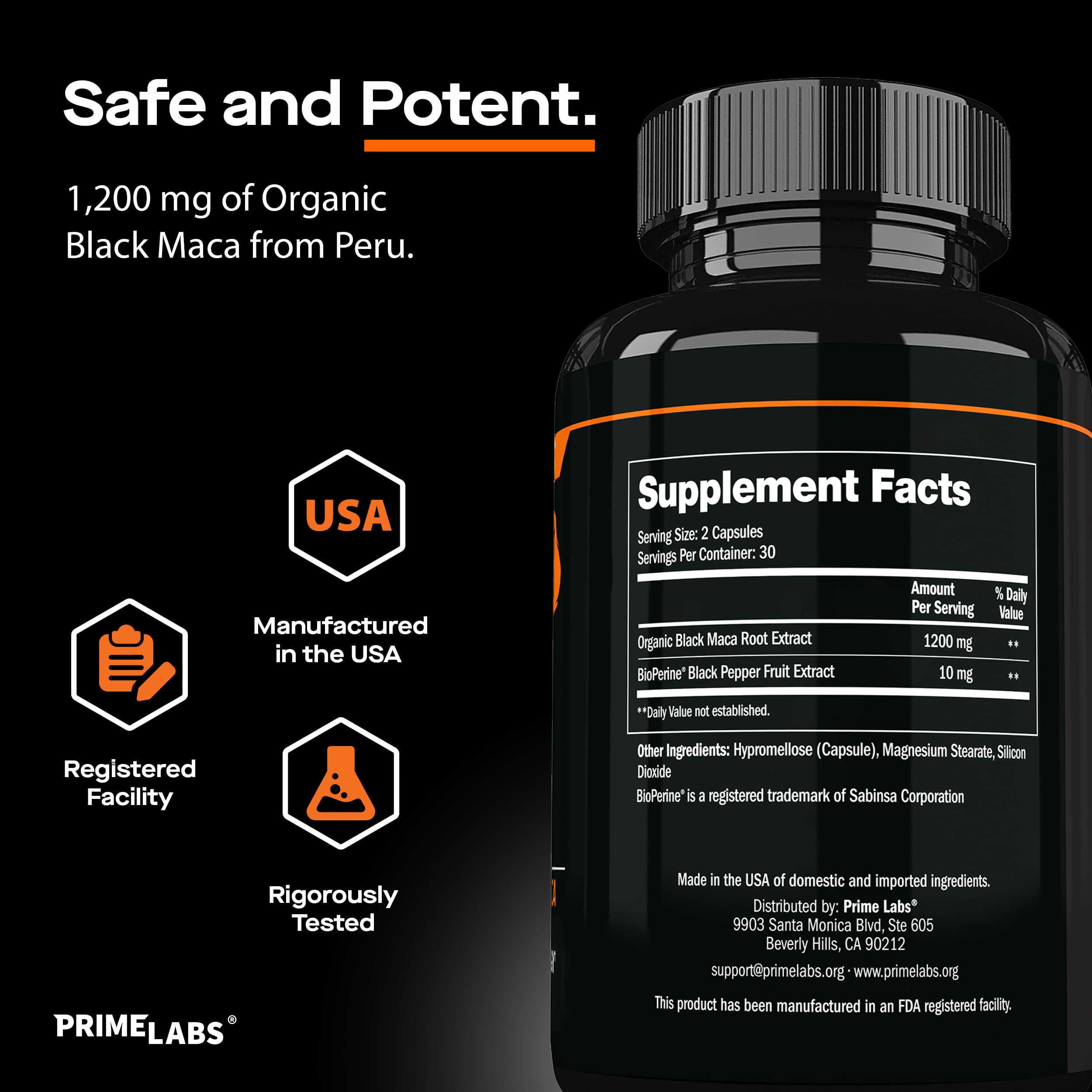 Product packaging and bottle of Prime Labs Maca