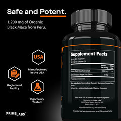 Product packaging and bottle of Prime Labs Maca