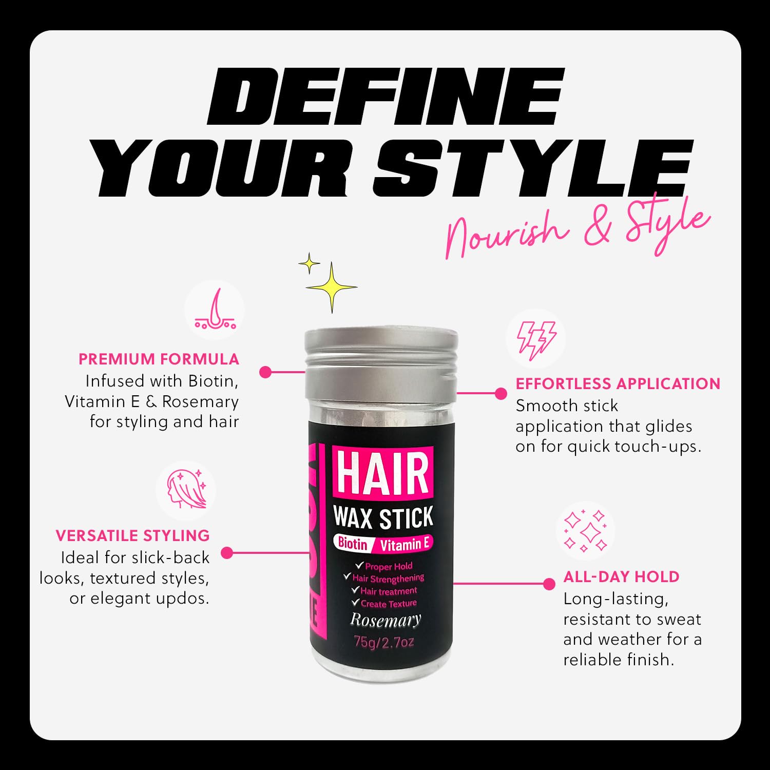 Prime Look Hair Wax Stick demonstrating edges definition.