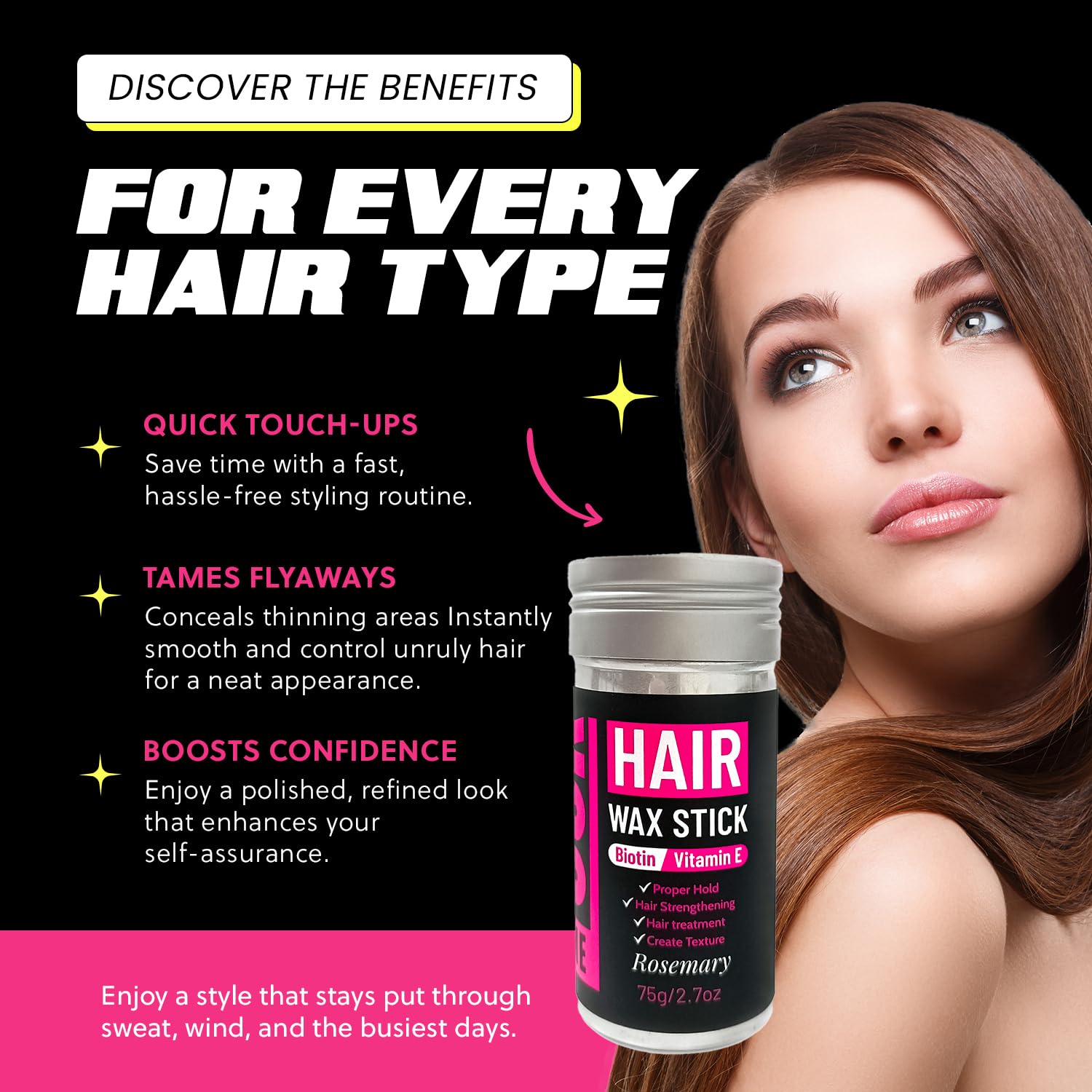 Prime Look Hair Wax Stick highlighting rosemary and biotin ingredients.