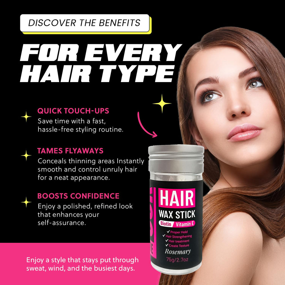 Prime Look Hair Wax Stick highlighting rosemary and biotin ingredients.