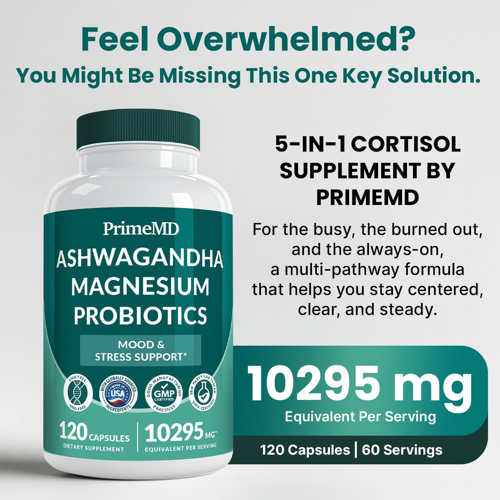 Close-up of cortisol support capsules emphasizing Ashwagandha and probiotics