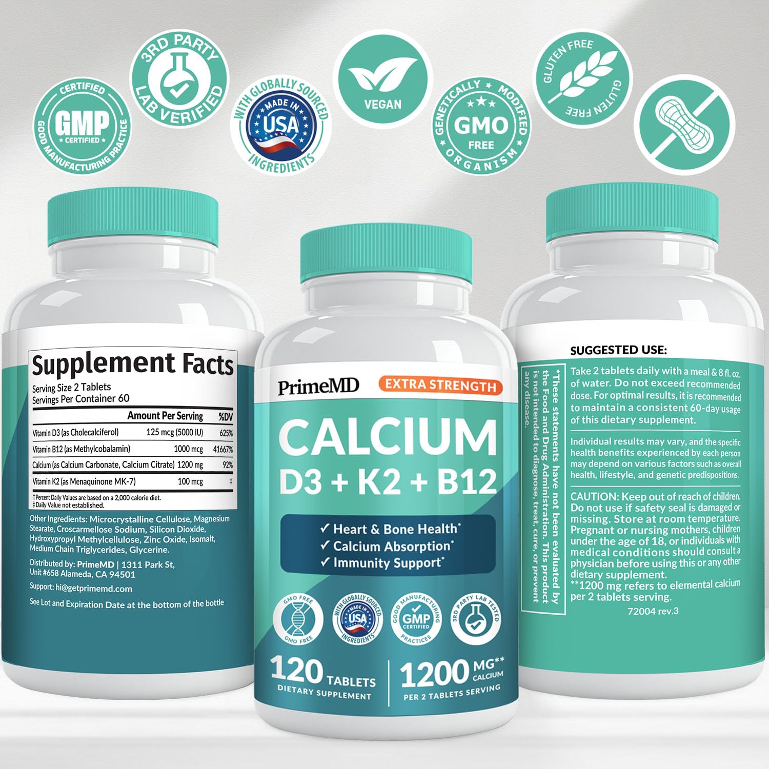 PrimeMD calcium supplement bottle with 120-count packaging