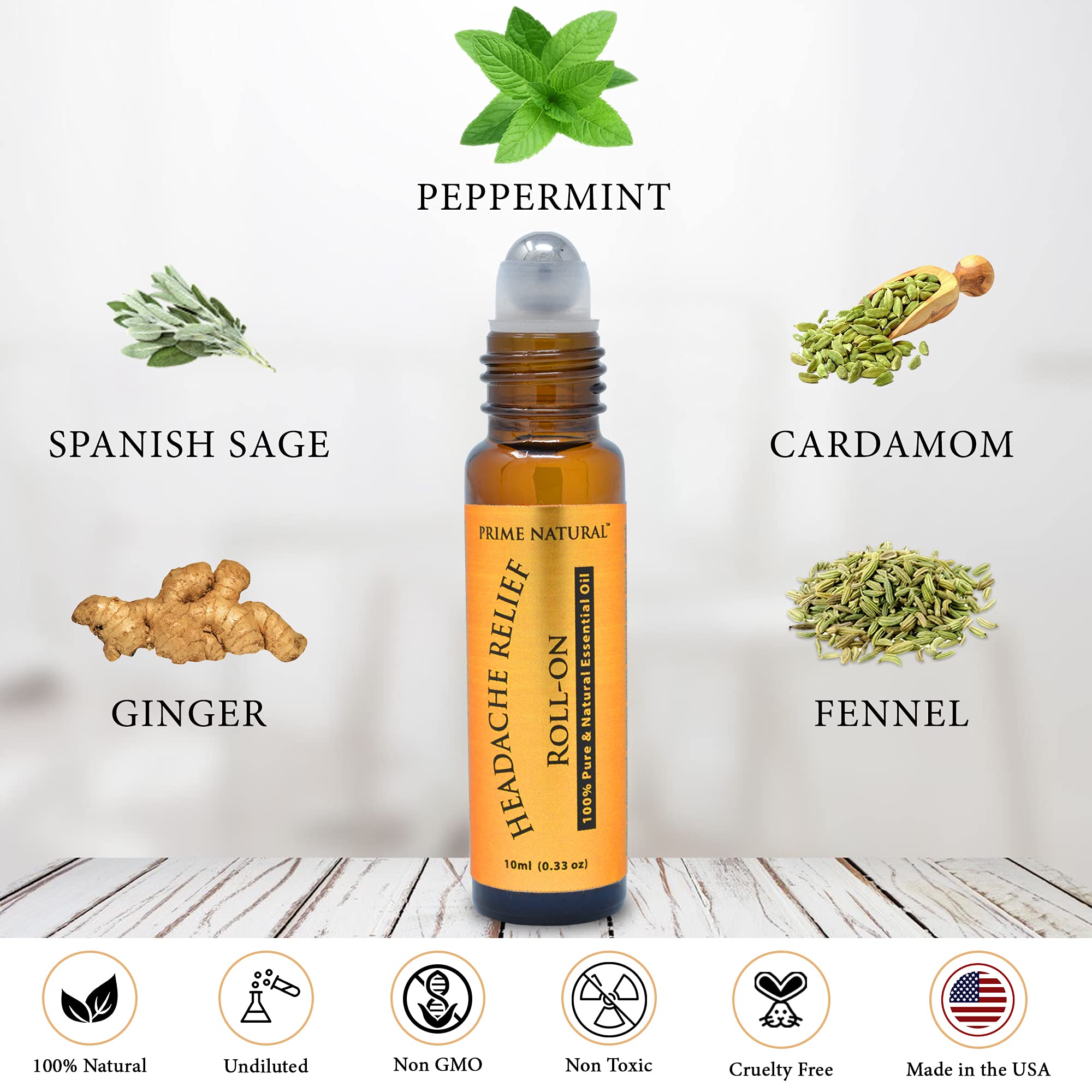 Close-up of Prime Natural Headache Relief 10ml pre-diluted essential oil roll-on