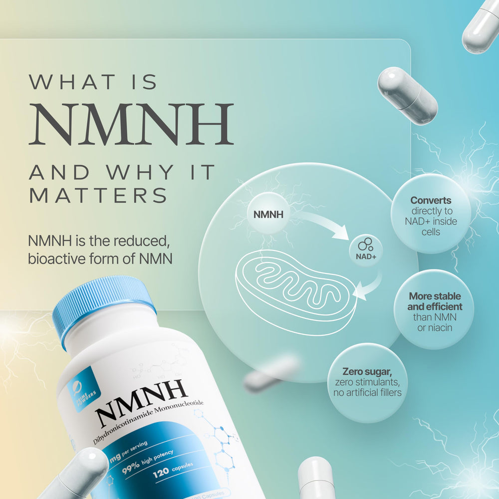 Prime Powders NMNH label info displaying vegan-safe, gluten-free, GMO-free attributes.