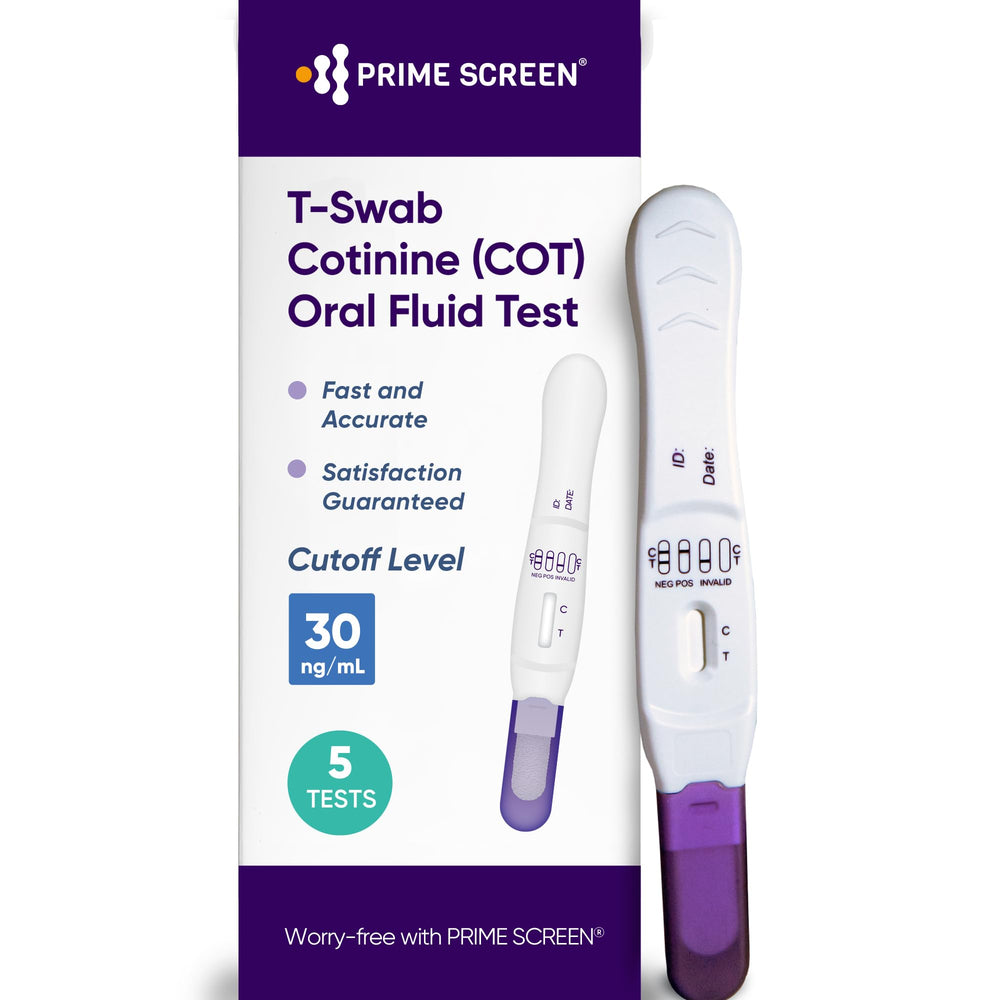 Prime Screen T-Swab Cotinine Oral Fluid Test 5-pack – box and swabs
