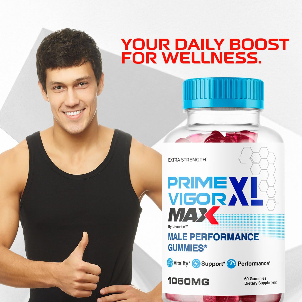 Primevigor XL Max bottle with gummies spilling out