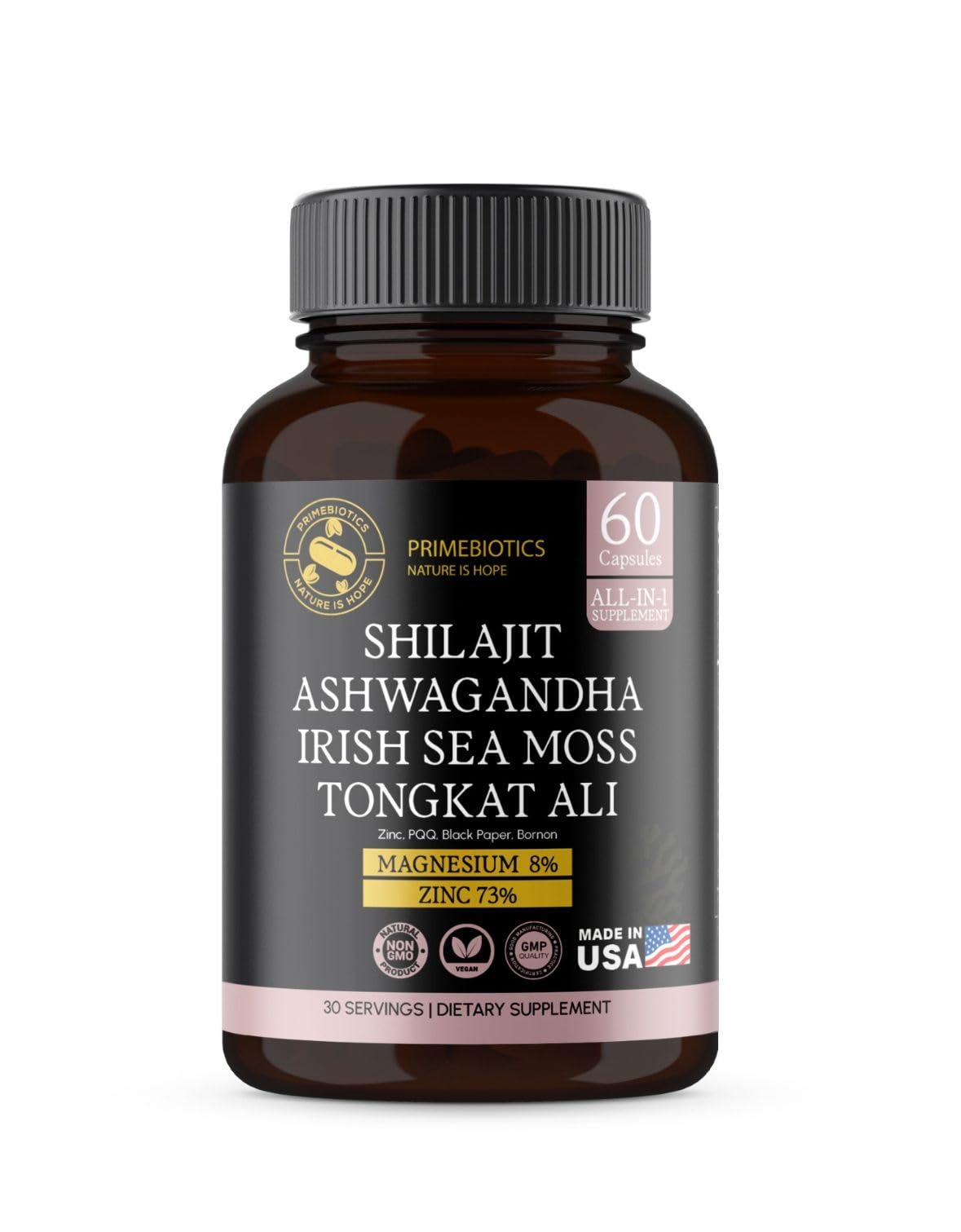 60-capsule bottle of PRIMEBIOTICS All-in-1 Shilajit Supplement