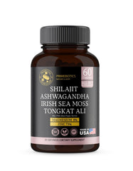 60-capsule bottle of PRIMEBIOTICS All-in-1 Shilajit Supplement