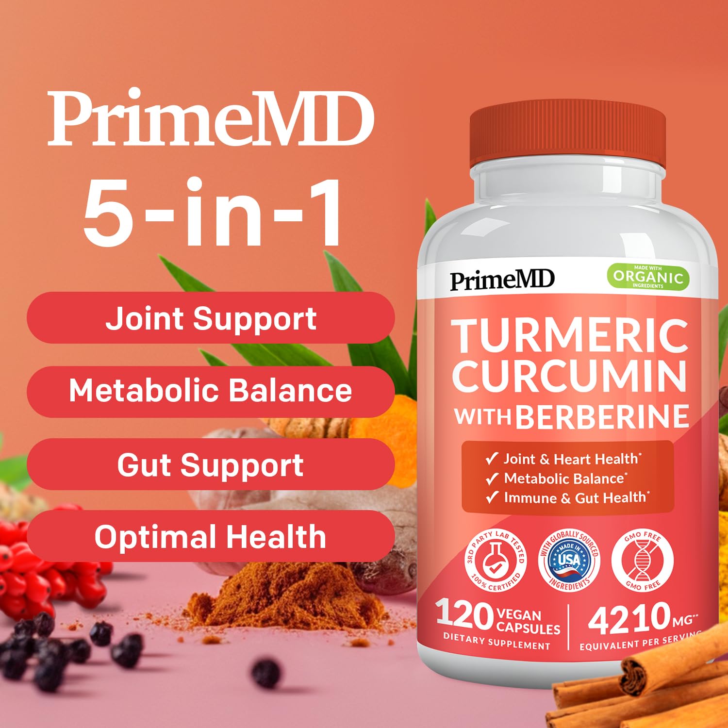 PrimeMD turmeric-curcumin bottle side highlighting high-potency blend