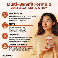 PrimeMD turmeric ginseng capsules bottle emphasizing energy and overall wellness.