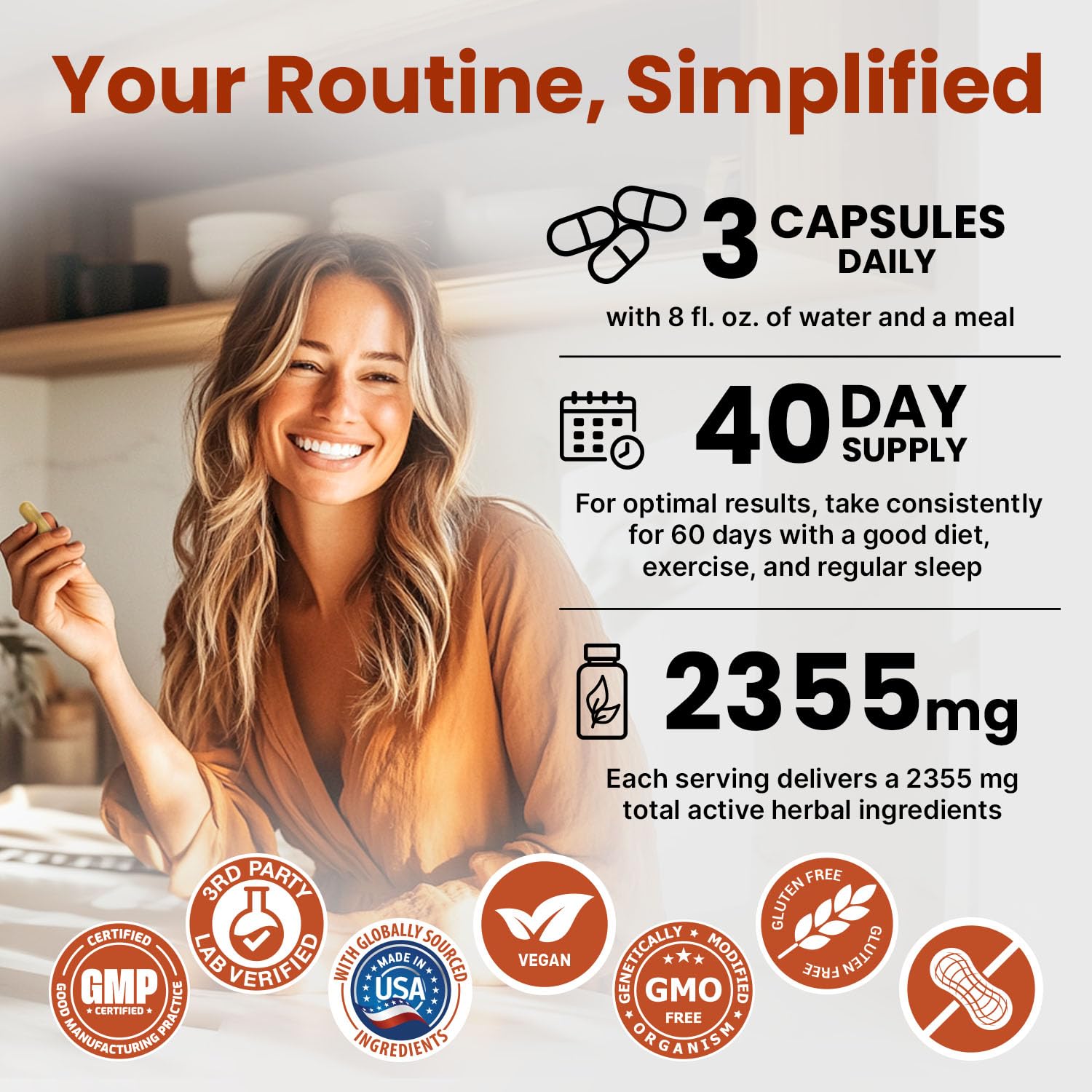 PrimeMD hand pouring capsules showing easy three-a-day dosing benefit
