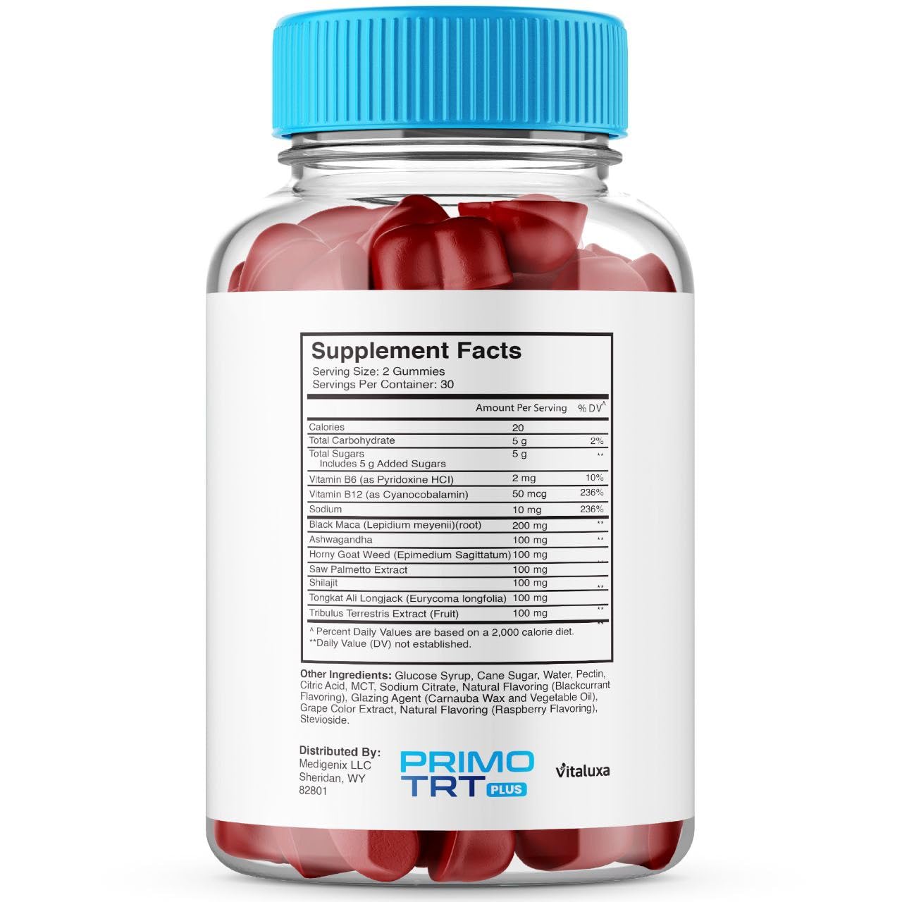 Bottle back label with supplement facts for Primo TRT Gummies